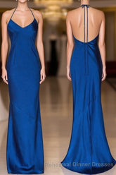 Mermaid Halter Royal Blue Satin Long Semi Formal Prom Gown